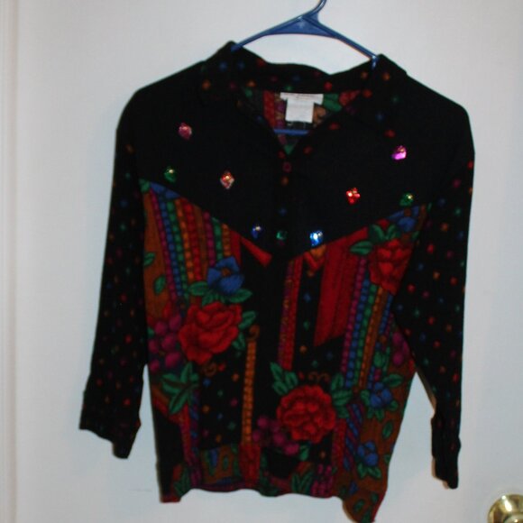 Vintage Women's Stretchy Floral Black Button up Long Sleeve Top - Picture 1 of 8